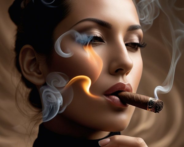 Elegant Woman Exhaling Smoke in Dark Attire