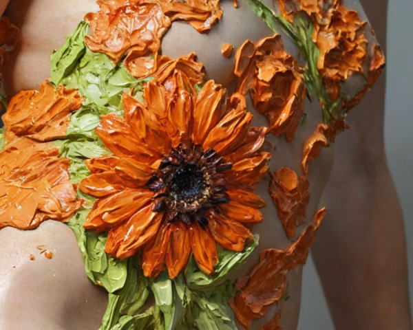 Vibrant Orange Flower Body Art with Textured Petals