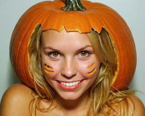 Halloween Portrait with Pumpkin Hat and Festive Makeup