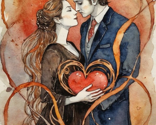 Romantic Watercolor Illustration of Embracing Couple