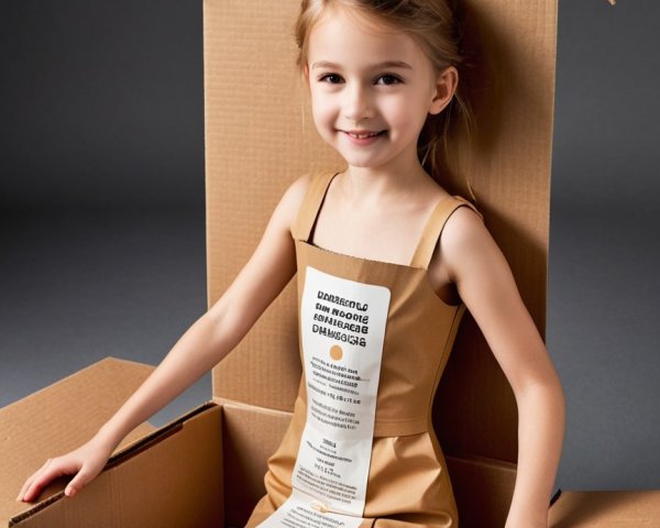 Young girl in cardboard box with paper dress