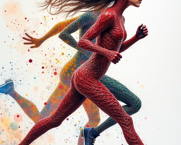 Dynamic Figures in Red and Green with Colorful Background