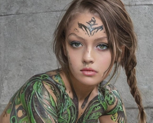 Young woman with vibrant body art and styled hair
