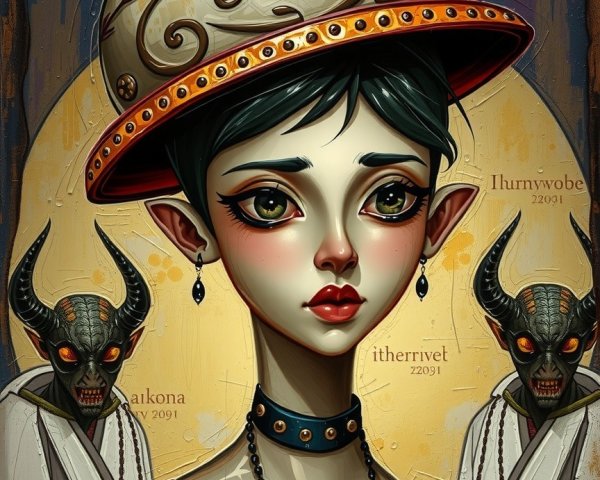 Young Woman with Green Eyes and Unique Hat Art