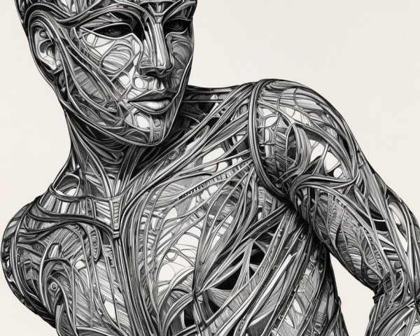 Stylized Figure with Intricate Linear Patterns