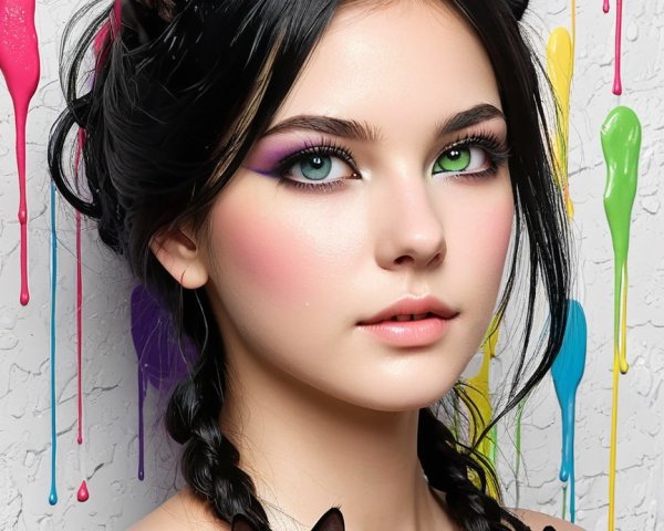 Portrait of a Young Woman with Colorful Makeup and Cats