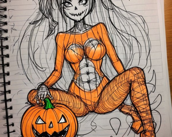 Cartoon Halloween Character with Pumpkin and Swirling Shapes
