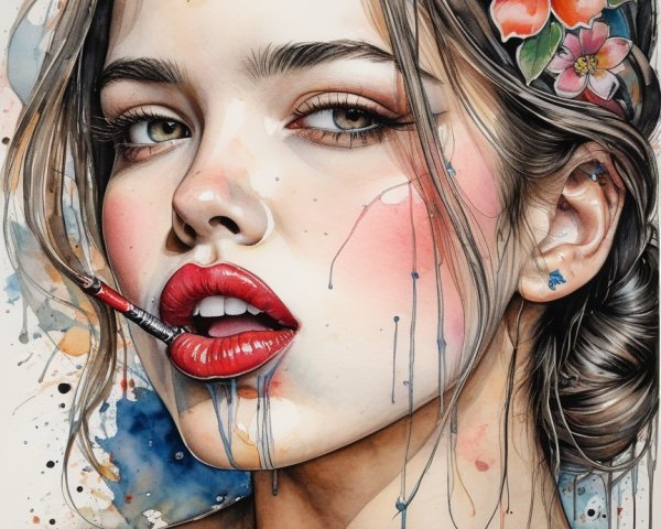 Watercolor Portrait of a Young Woman with Flowers