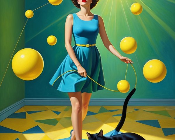Stylish woman in blue dress with floating yellow spheres