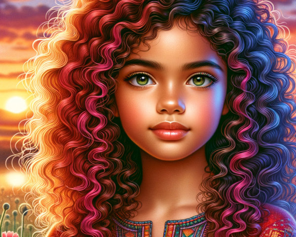 Young girl with curly red-orange hair at sunset