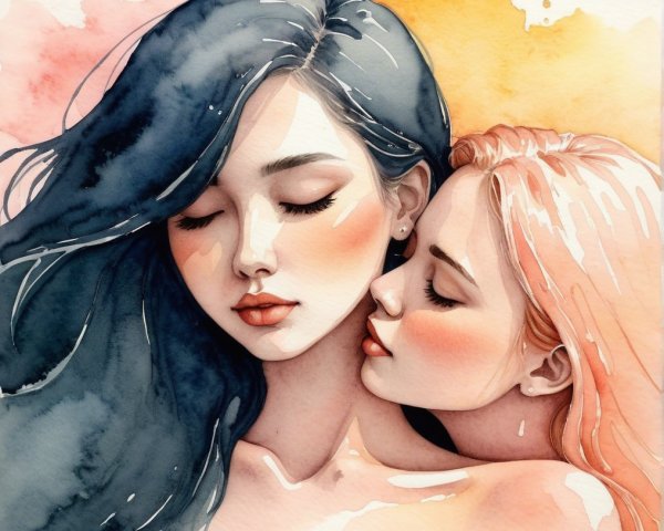 Ethereal Figures in Serene Embrace with Watercolor Hues