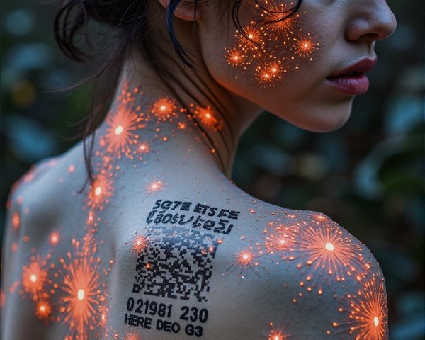 Woman with Star Patterns and QR Code Body Art