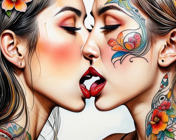 Close-Up of Two Women with Colorful Tattoos and Makeup