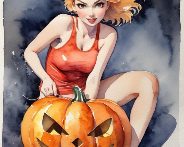 Young Woman Carving Pumpkin in Halloween Setting