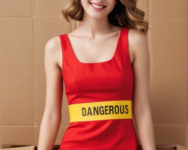 Young woman in red dress with "DANGEROUS" belt