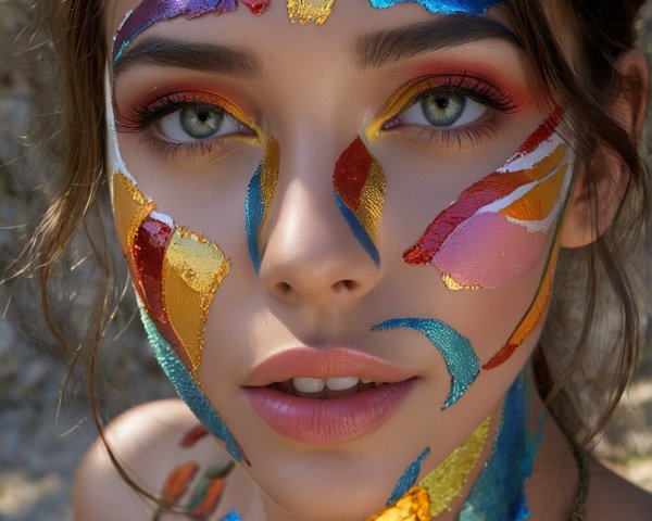 Young woman with vibrant abstract face paint patterns