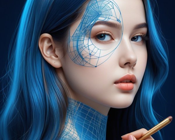 Futuristic Portrait of a Young Woman with Blue Hair