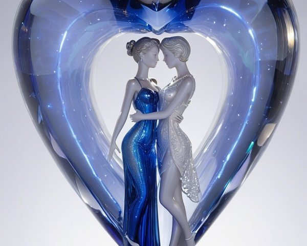 Elegant Glass Sculpture of Embracing Figures in Heart