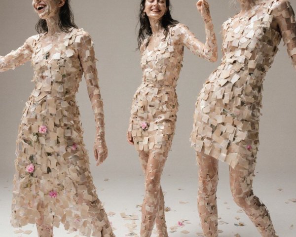 Joyful Women in Mosaic Patches with Pink Flowers