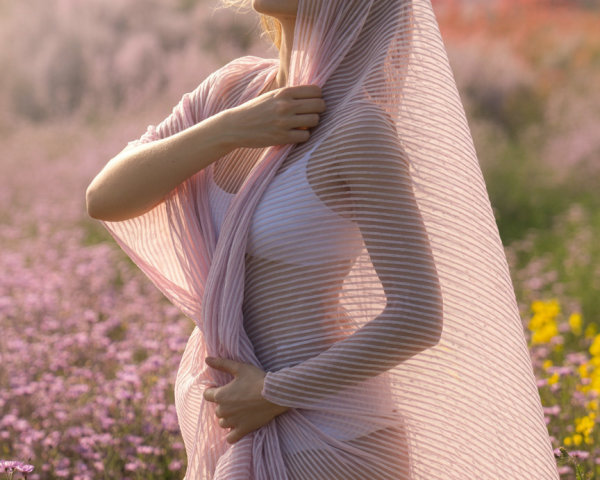 Young woman in wildflowers with pink veil and soft light