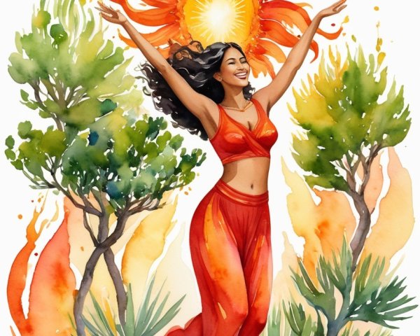Joyful Woman Dancing in Vibrant Nature and Flames