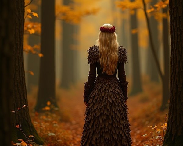 Autumn Forest Scene with Figure in Leaf-Inspired Gown