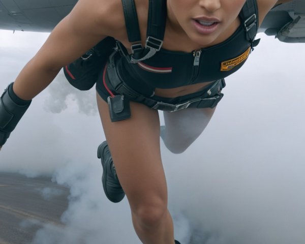 Woman in Mid-Air Jump with Smoke and Clouds