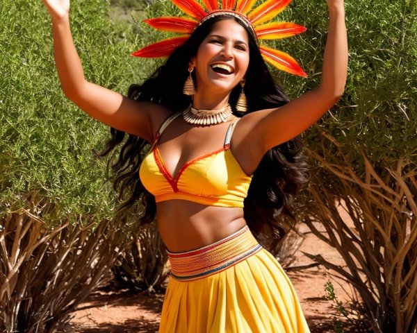 Joyful woman in vibrant yellow outfit dancing outdoors