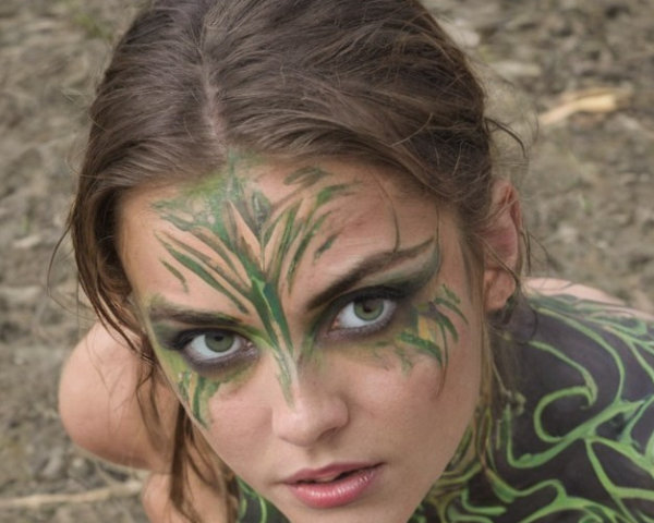 Young Woman with Green Leaf-Inspired Body Paint
