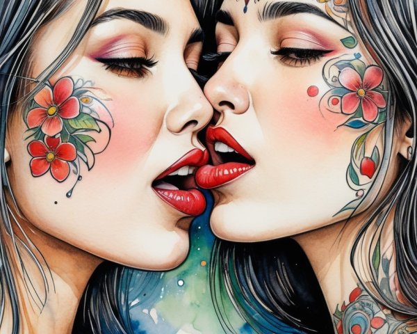 Stylized Women with Floral Tattoos and Intimate Expressions