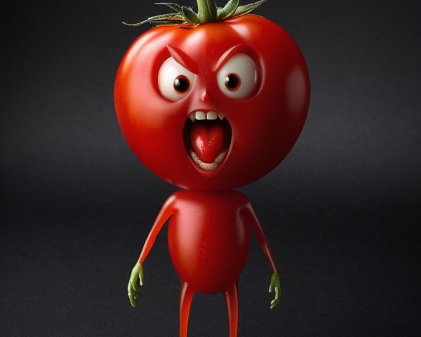 Cartoonish red tomato with expressive features on dark background
