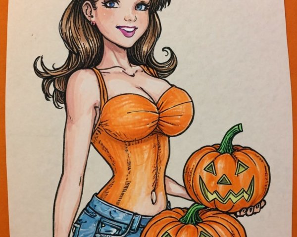 Cheerful Cartoon Character with Pumpkins in Autumn Setting