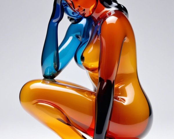 Glass Sculpture of Seated Female Figure in Amber and Blue