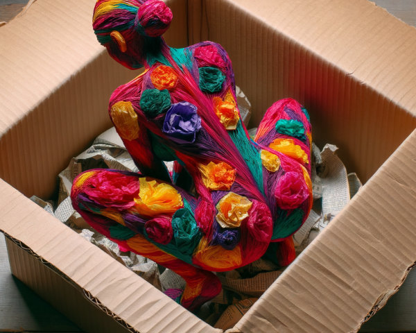 Colorful Yarn Sculpture of Seated Figure in Box