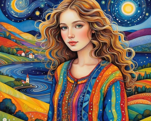 Young woman in colorful garment against vibrant landscape