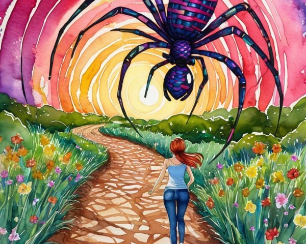 Young woman jogging on a flower-lined path at sunset