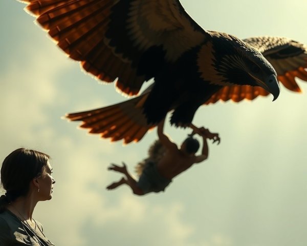 Eagle in Sky with Child and Woman Holding Camera