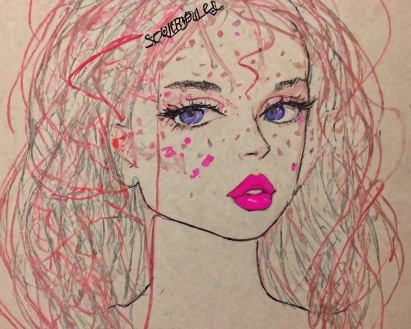 Illustration of a girl with colorful hair and freckles