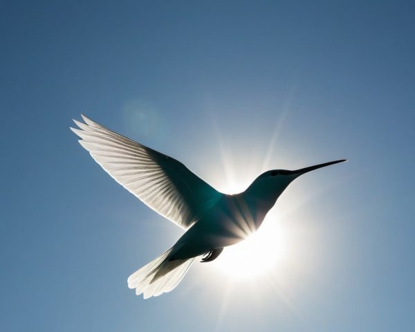 Bird Soaring Against Bright Blue Sky with Sun Halo