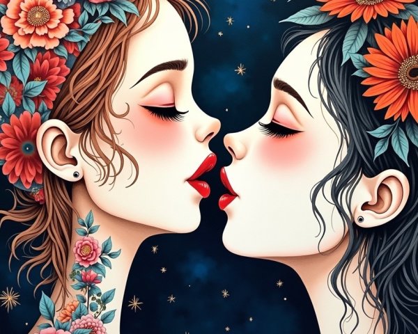 Illustration of Two Women Kissing with Floral Accents
