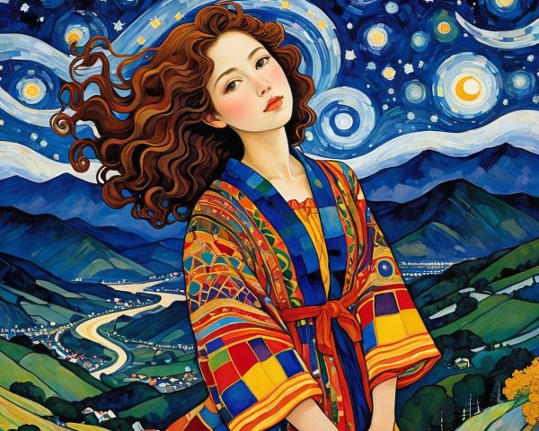 Young woman in patterned robe under starry night sky
