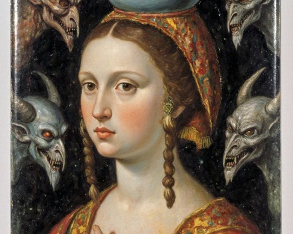 Woman in Traditional Attire Surrounded by Demons