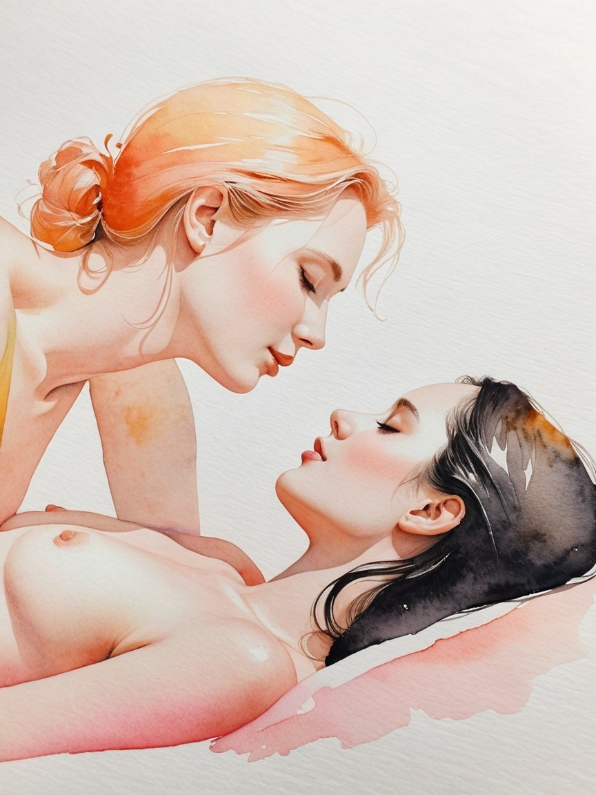 Watercolor Painting of Two Women in Intimate Moment