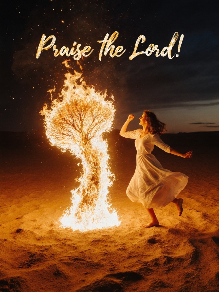Woman in White Dress Dances by Fiery Tree at Dusk