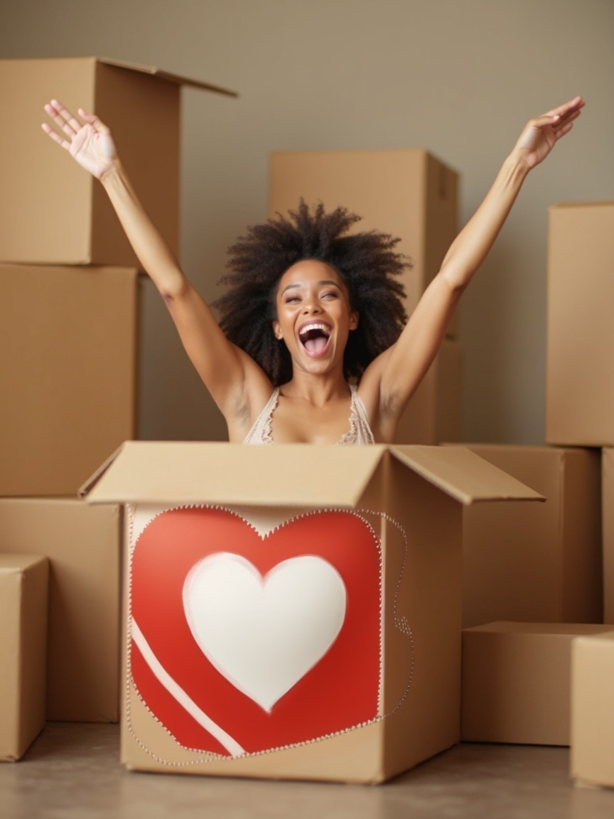Joyful woman celebrating from a cardboard box