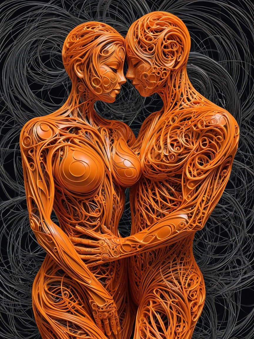 Abstract Figures in Orange on Dark Background