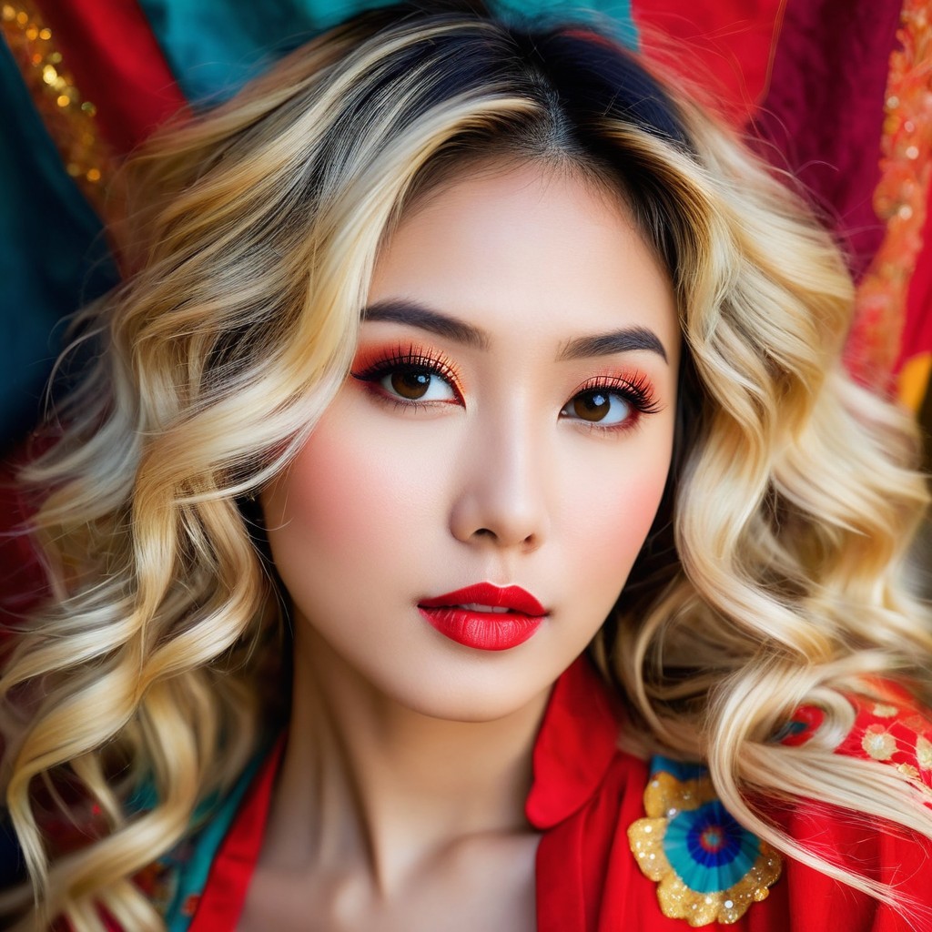 Vibrant Portrait of a Young Woman with Bold Makeup