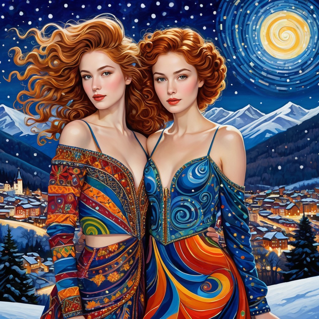 Elegant Women in Vibrant Dresses in Winter Landscape