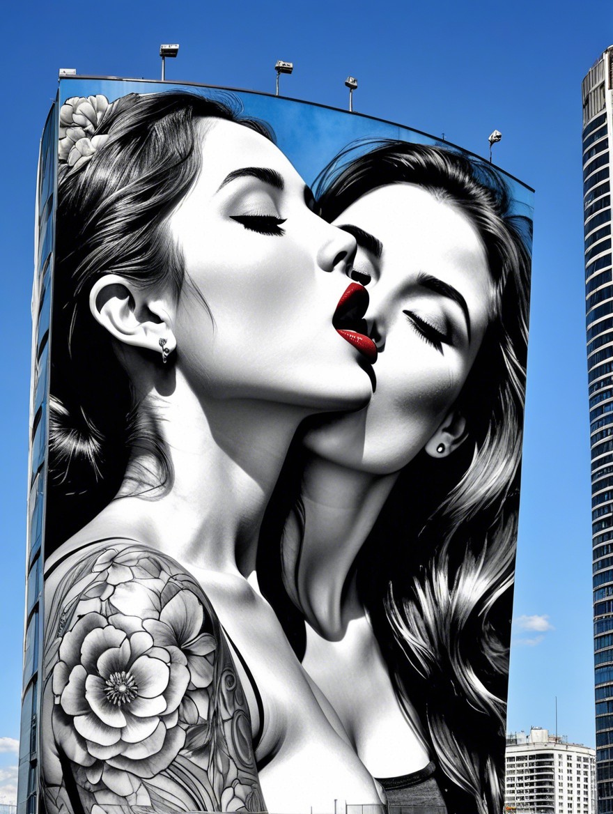 Mural of Two Women Embracing with Floral Tattoos