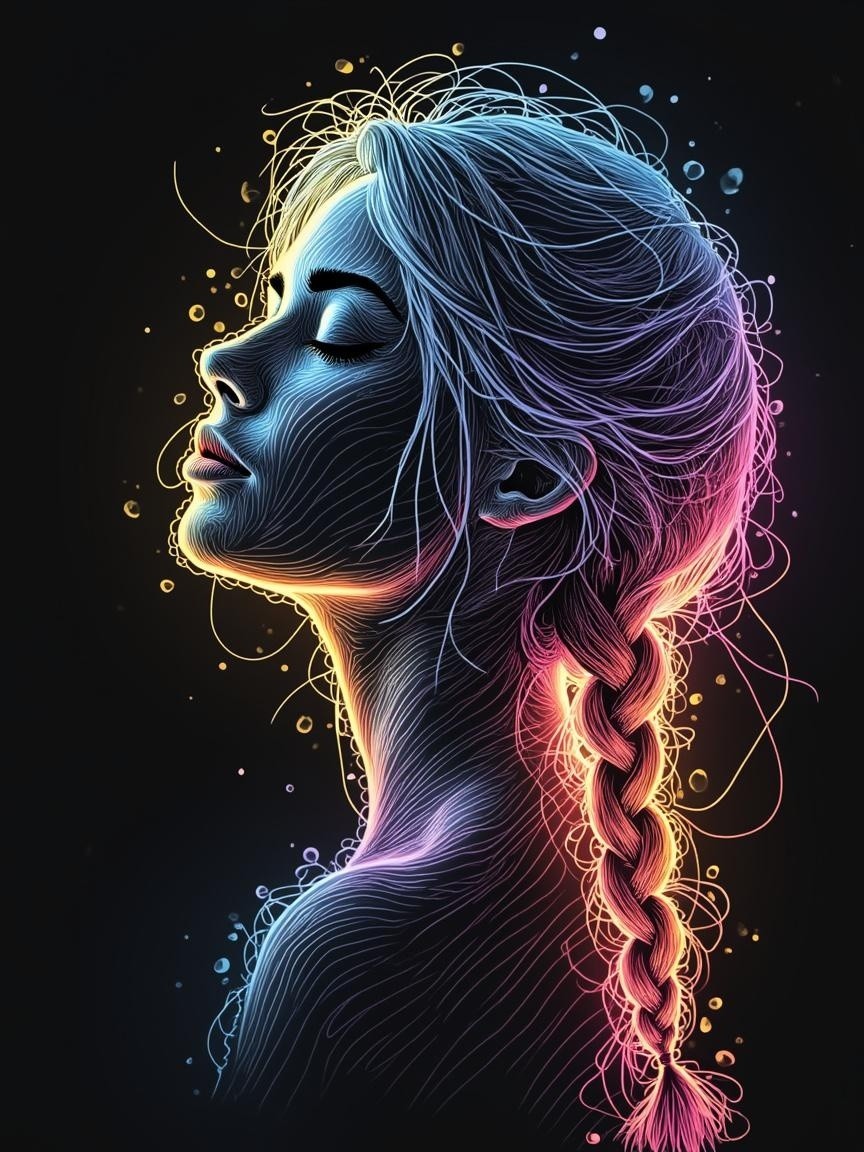 Stylized Neon Profile of a Woman with Flowing Hair